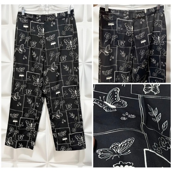 Harold's Womens Sz 6 Black SILK Cotton Butterfly Floral Cropped s Pants RARE - Picture 1 of 6